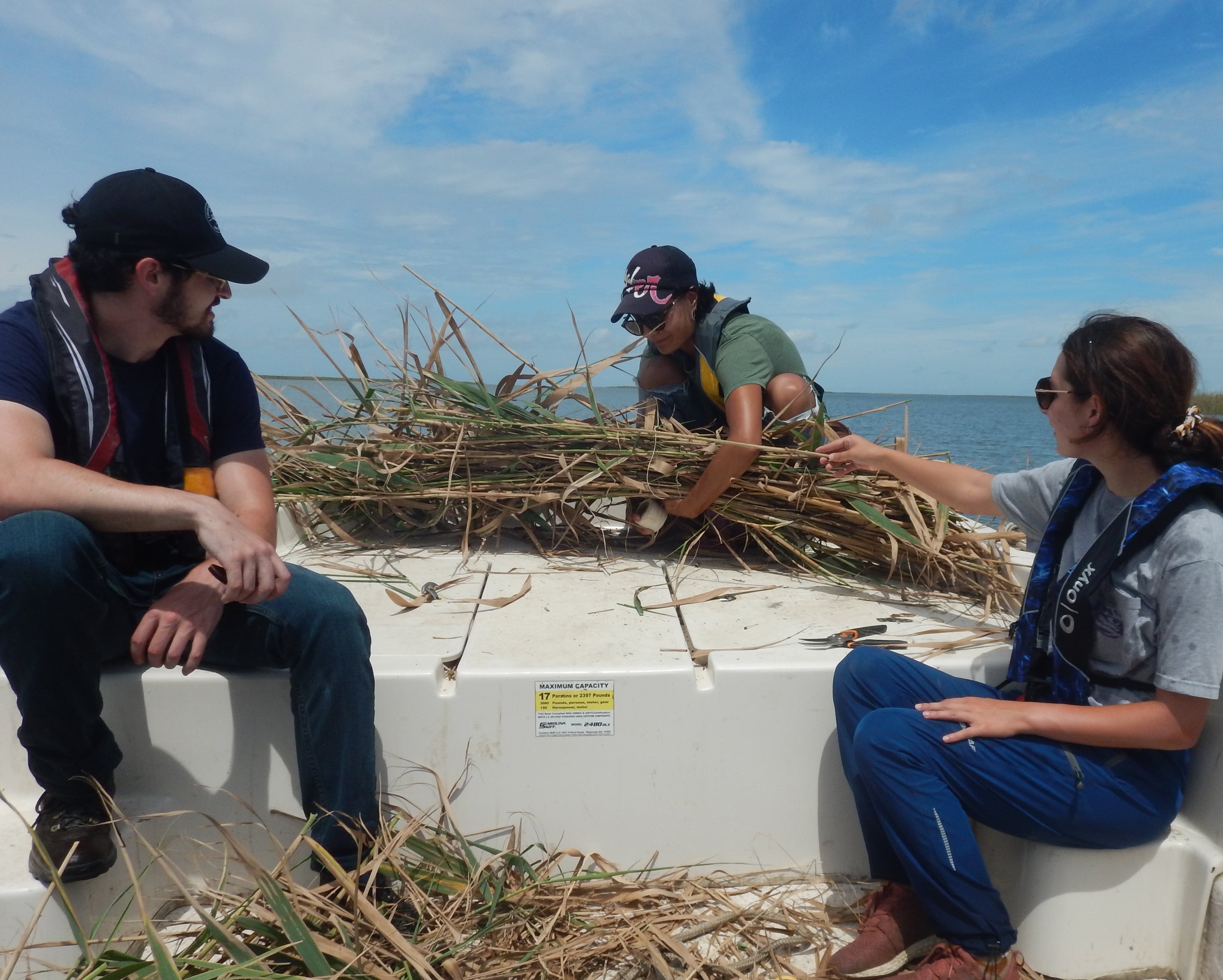 lab group in boat